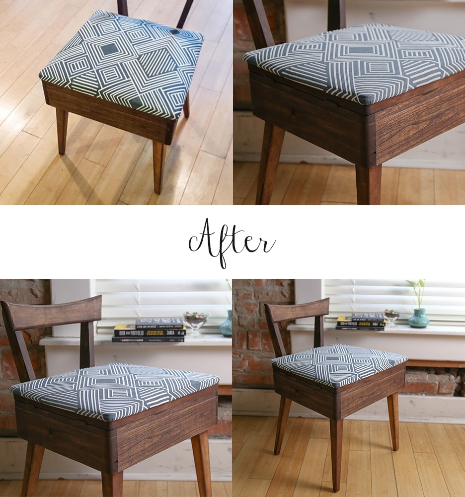 stained and reupholstered sewing bench completed