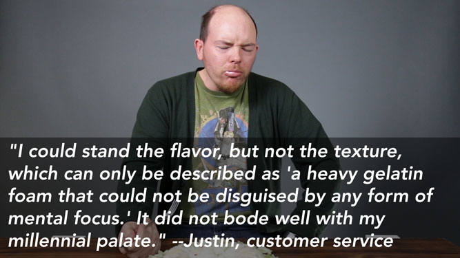 man having trouble eating jello salad