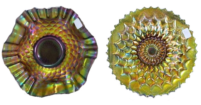 2 yellow carnival glass platters