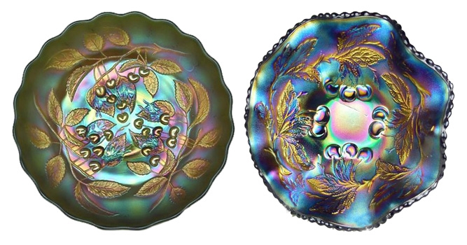 2 blue and green iridescent carnival glass plates