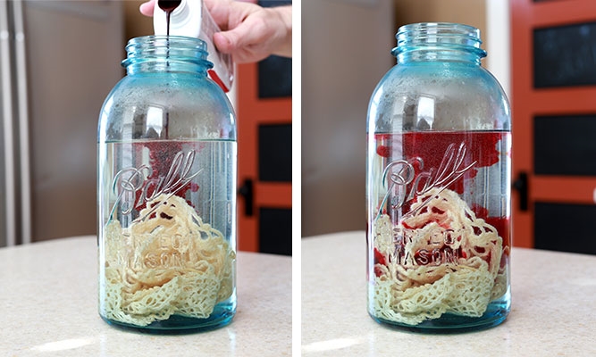 dying doilies in a mason jar filled with water