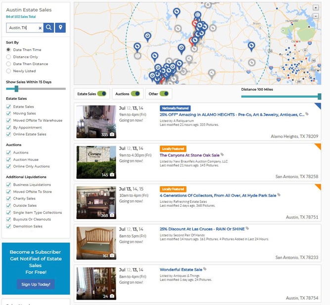 estatesales.net listing of sales in a geographic location