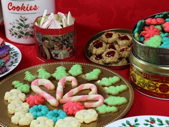 candy cane cookies in a tin box