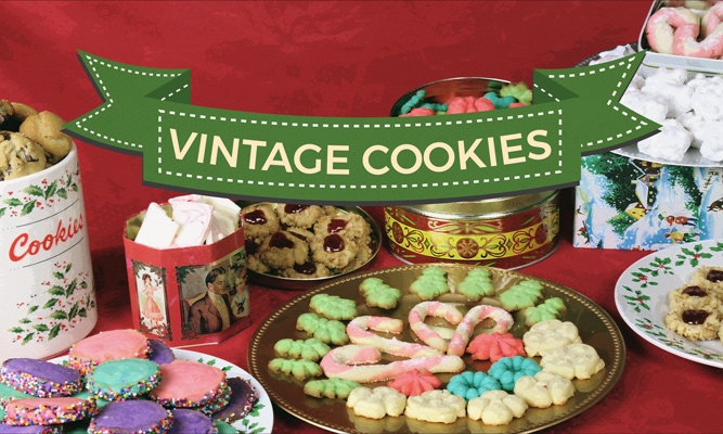 table filled with vintage Christmas cookies