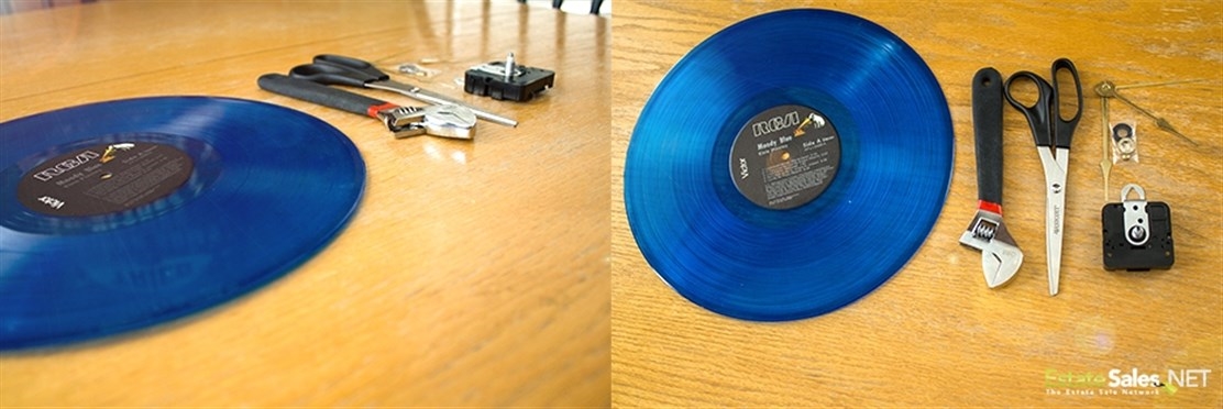 blue vinyl record and hand tools